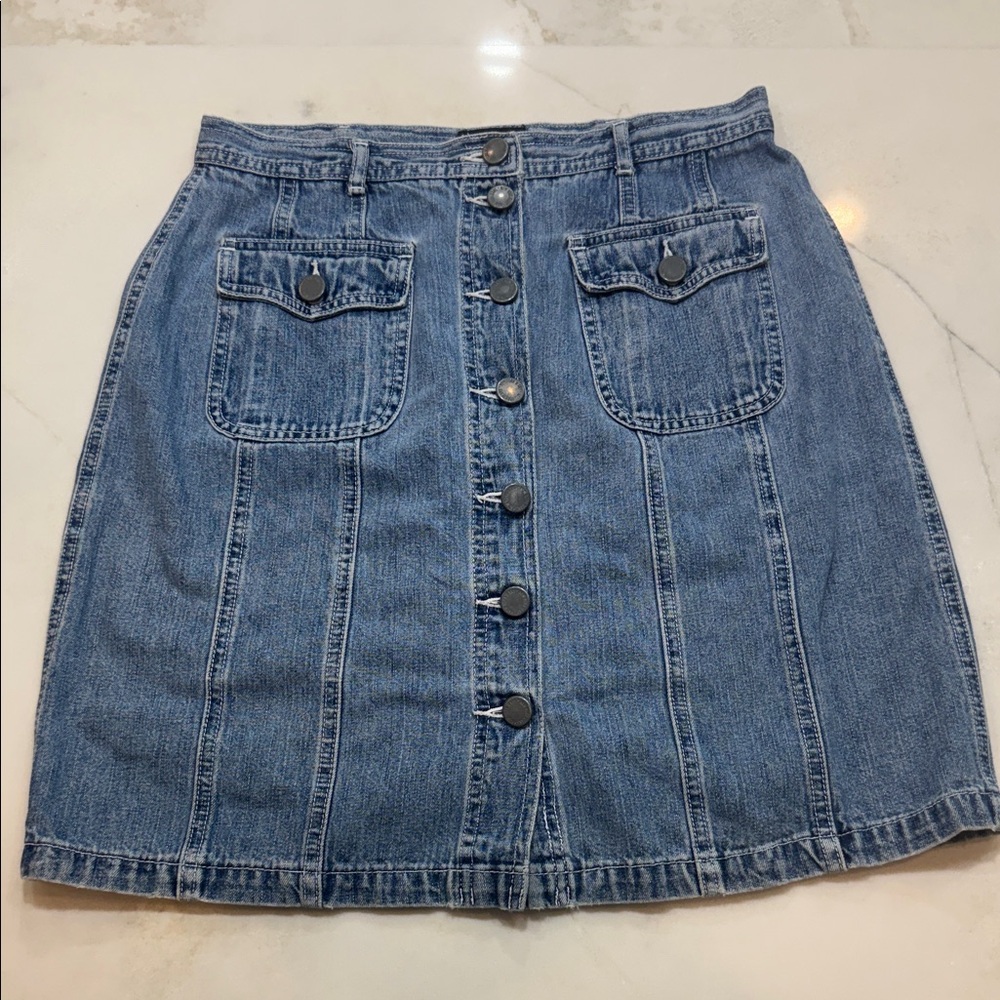 High-Rise Button-Front Denim A-Line Skirt in Blue